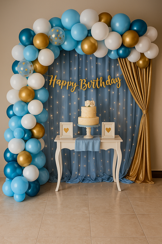 White and Blue Happy Birthday Decoration theme set includes Curtains and all items
