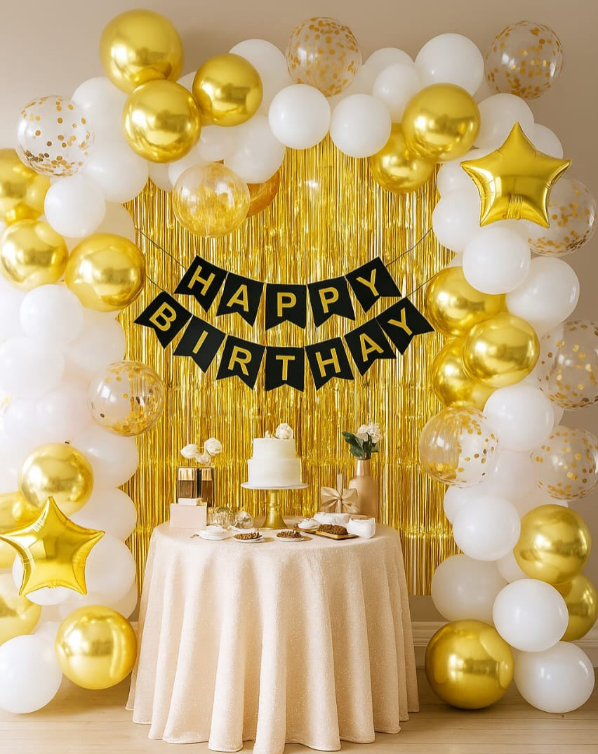 White and Golden Happy Birthday Decoration Theme Set