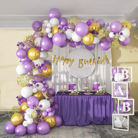 Purple and White Happy Birthday decoration theme set includes Net Curtains and all items