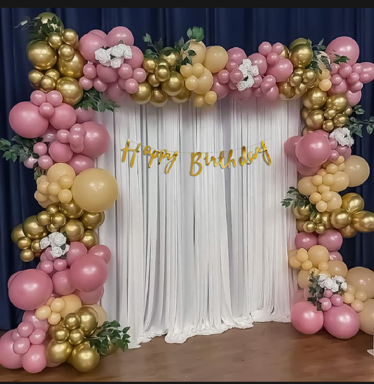 Pink and Golden Happy Birthday Decoration theme Set Incluses Net Curtains