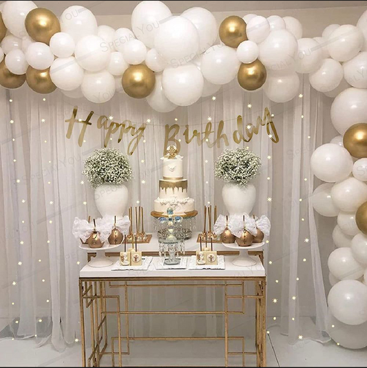 White and Golden Happy Birthday Decoration Theme Set Includes Net Curtains