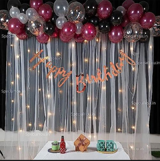 Red and Black Happy Birthday Decoration Theme Set Includes Net Curtains